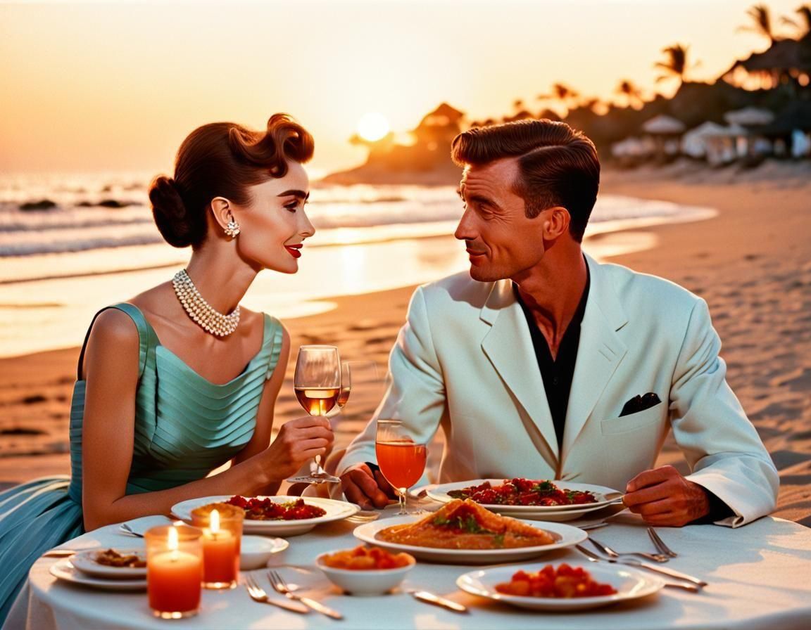 Elegant 1950s Couple Enjoy Sunset Dinner on Secluded Beach