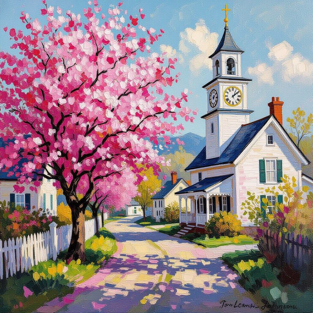 Cherry Blossom Village in Neo-Impressionist Style