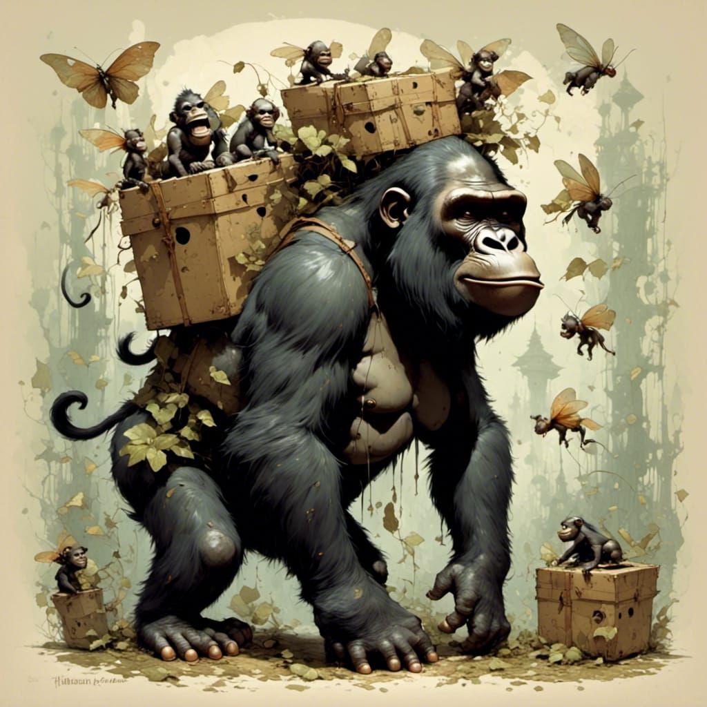 Gruntled Gorilla with Fairies and Cardboard Box