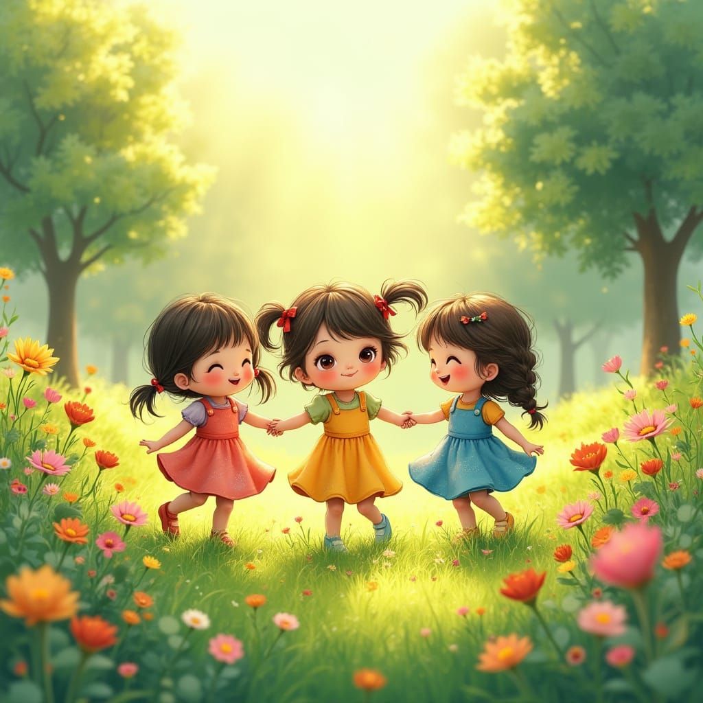 Children Dancing in a Sunny Meadow, Digital Art