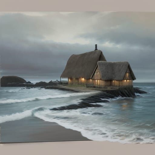 Tiny Coastal House in Twilight Oil Painting