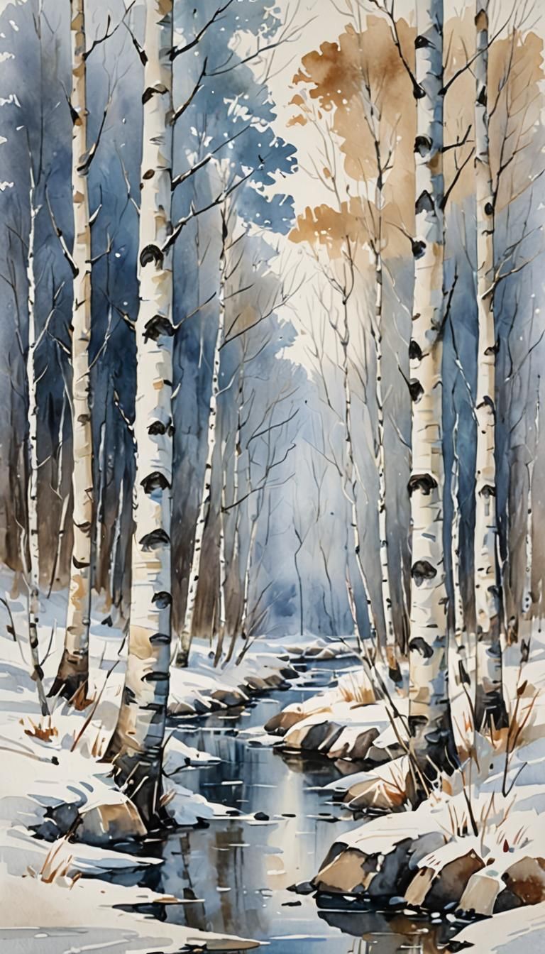 Winter Birches Stream in Soft Watercolor Style