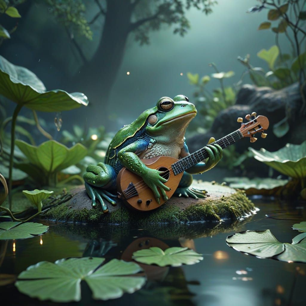 Green Frog Bard Sings by Misty Pond in Photorealistic Style