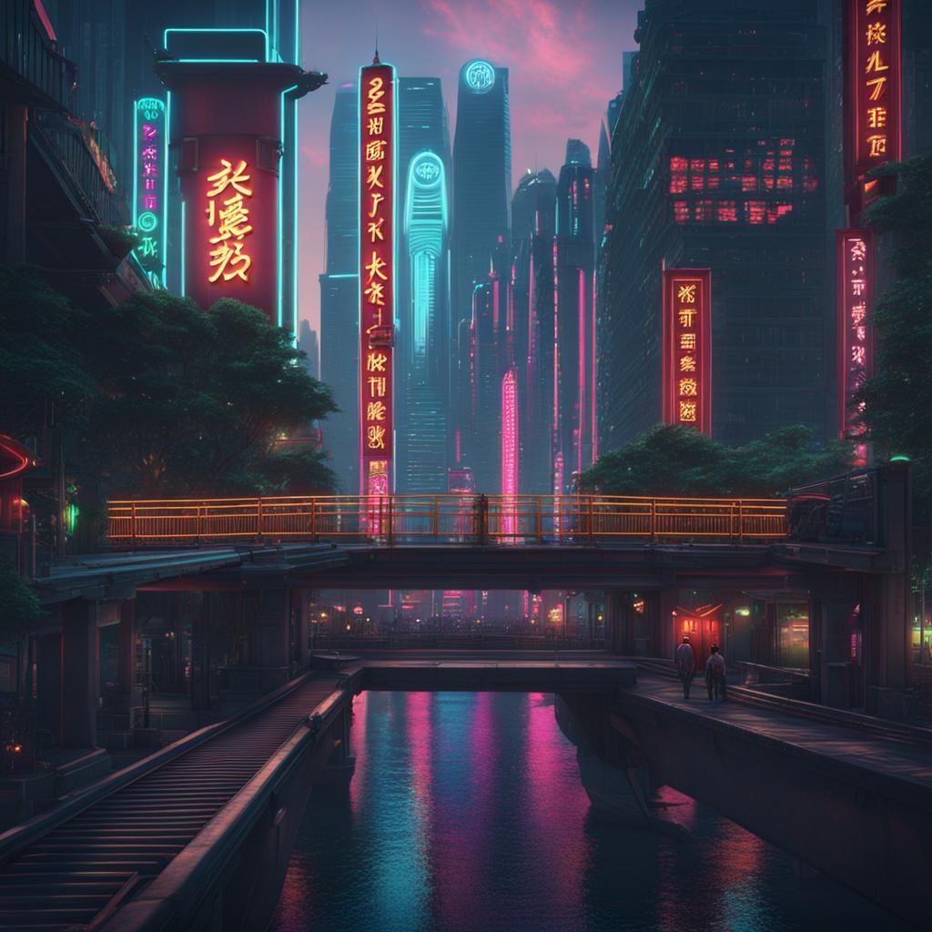Futuristic Oriental City in Retro Pop Art Style