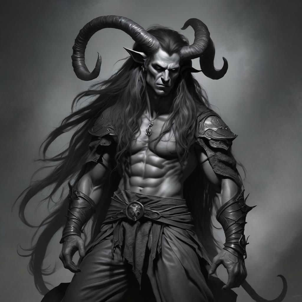Attractive Tiefling with Flowing Hair in Horror Style