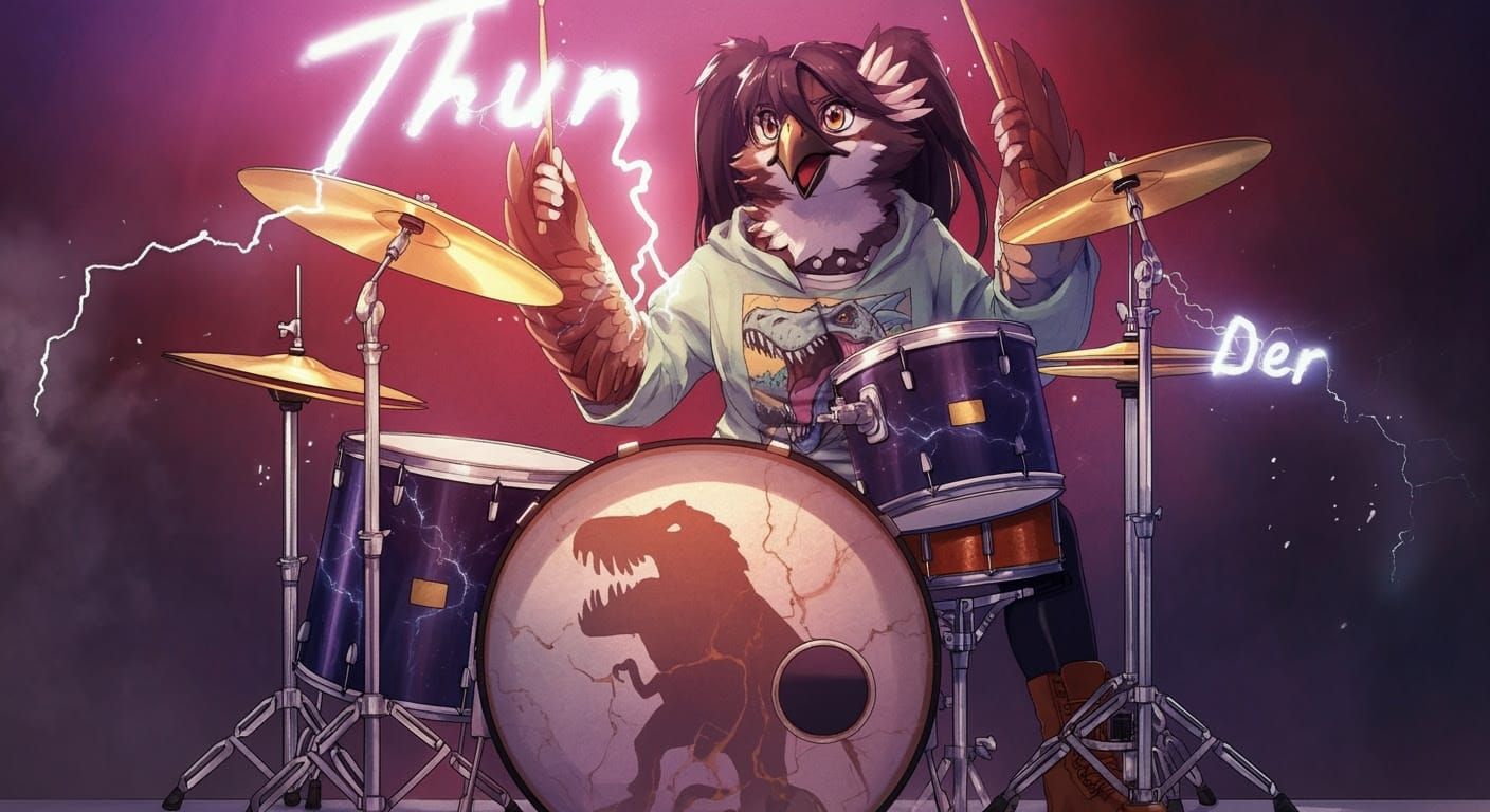 Fantasy Drummer in Cyberpunk Anime Style