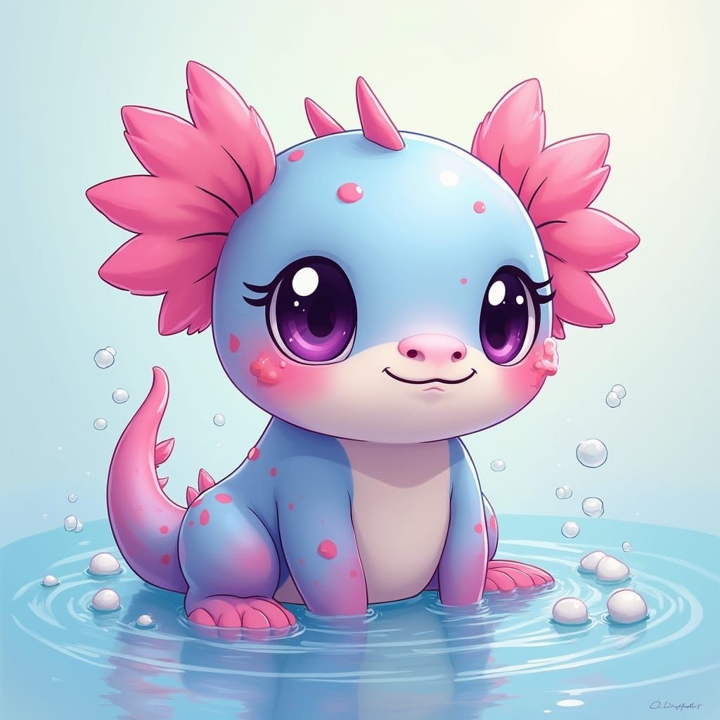 Chibi Axolotl in Whimsical Water Wonderland