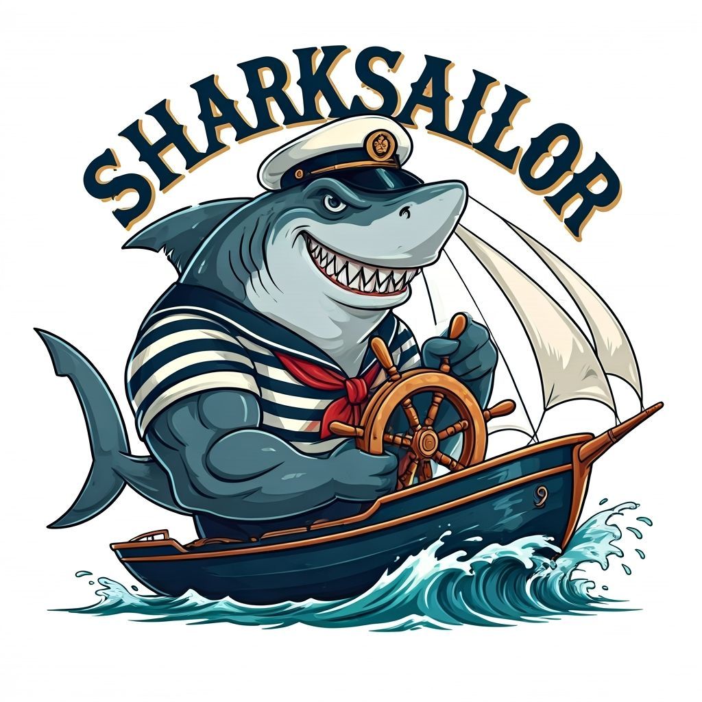 SharkSailor: Muscular Shark Captains Sailboat in Cartoon Sty...