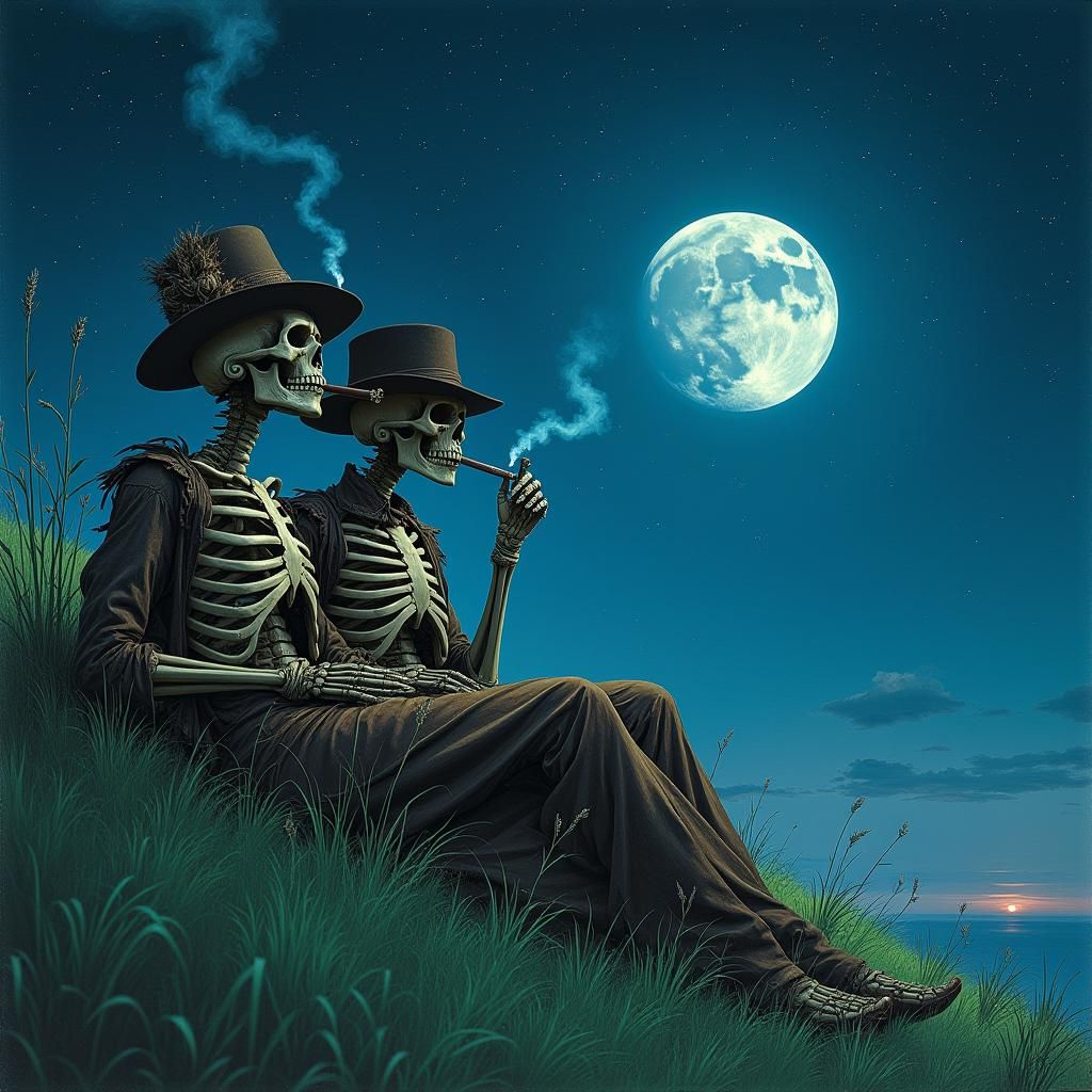 Skeletons Watching Meteors in Ethereal Landscape