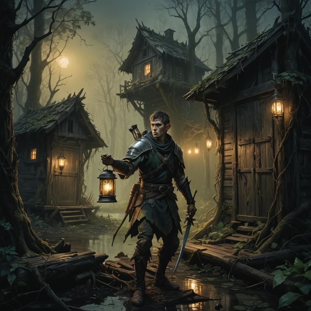 Elf Warrior in Swampy Woods at Night