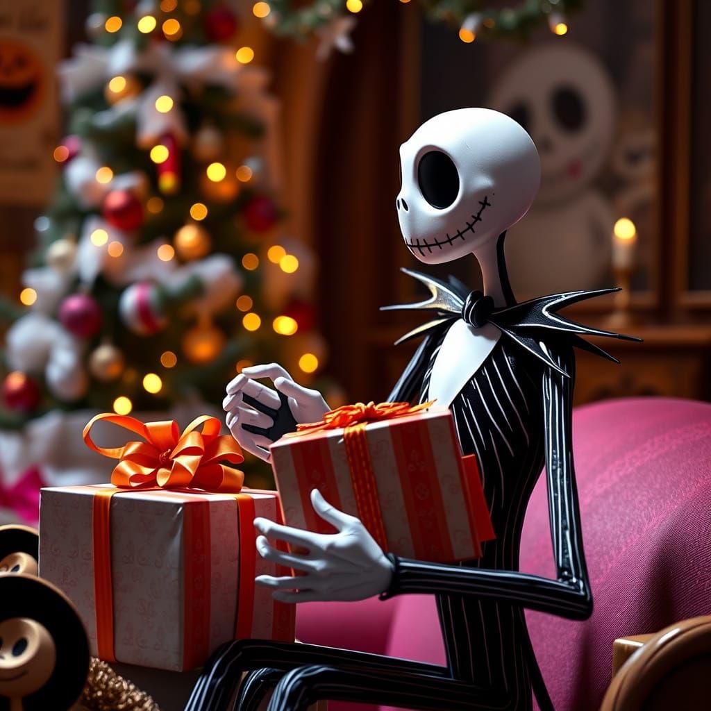 Jack Skellington Delivers Candy Corn Striped Gifts