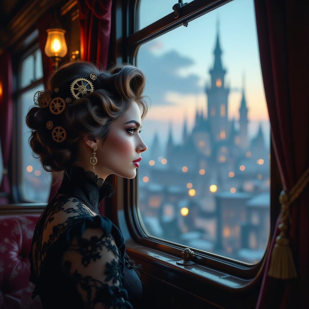 Steampunk Woman with Clockwork Hair in Vintage Train
