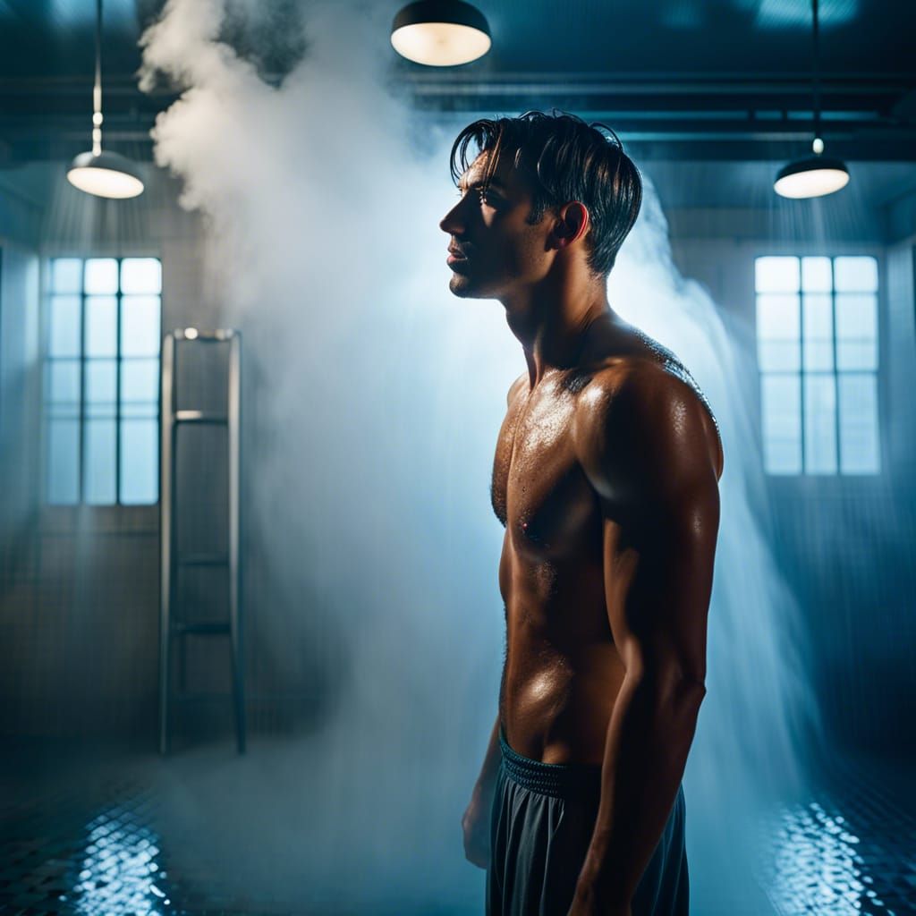 Man in Steamy Shower: Hyperrealistic Photograph