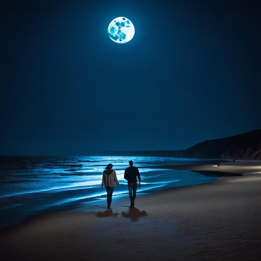 Couple Walking on Beach in Moonlight
