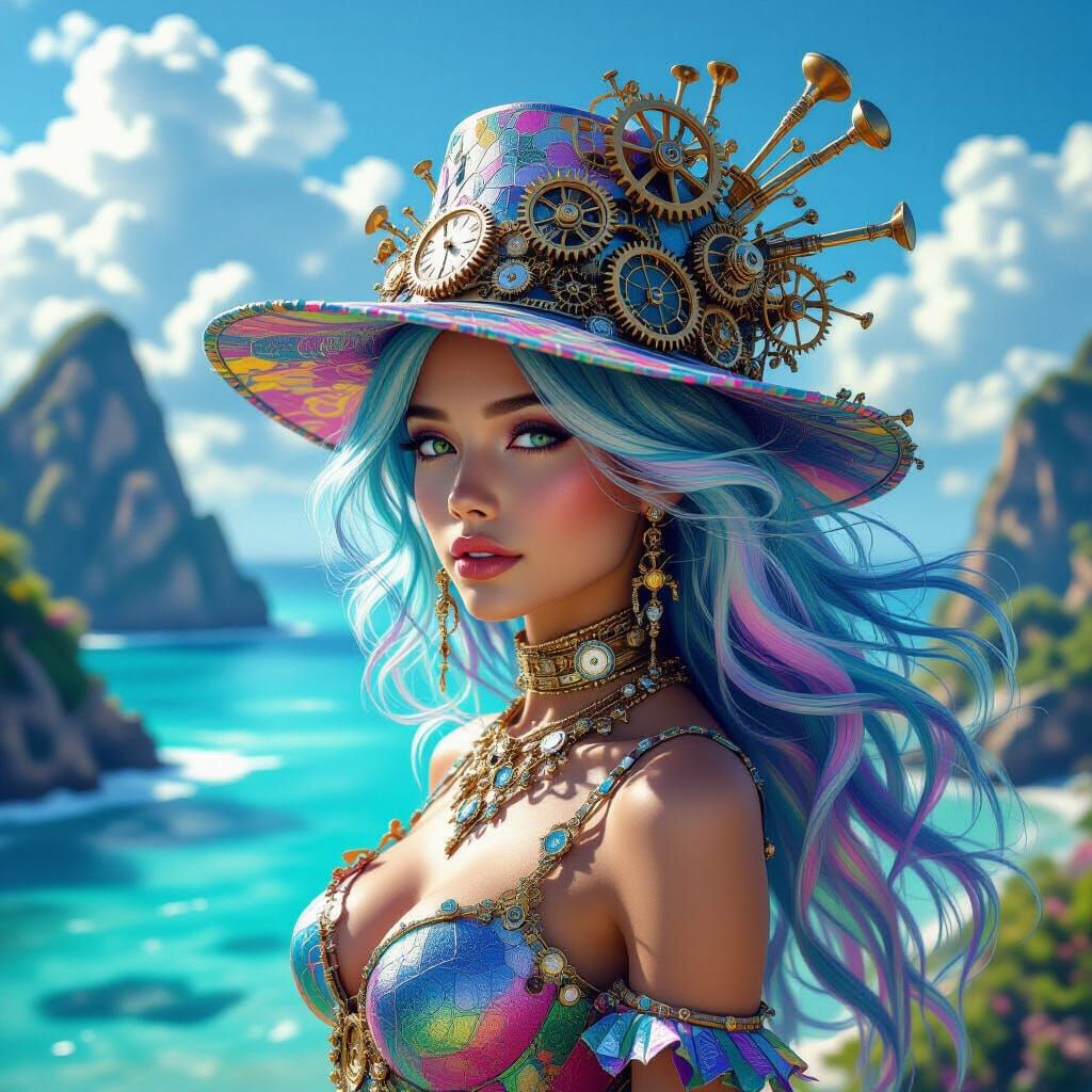 Woman with Iridescent Hair and Clockwork Hat on Colourful Is...