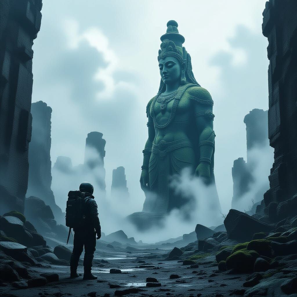 Astronaut on Alien Planet Gazing at Ancient Deity Statue
