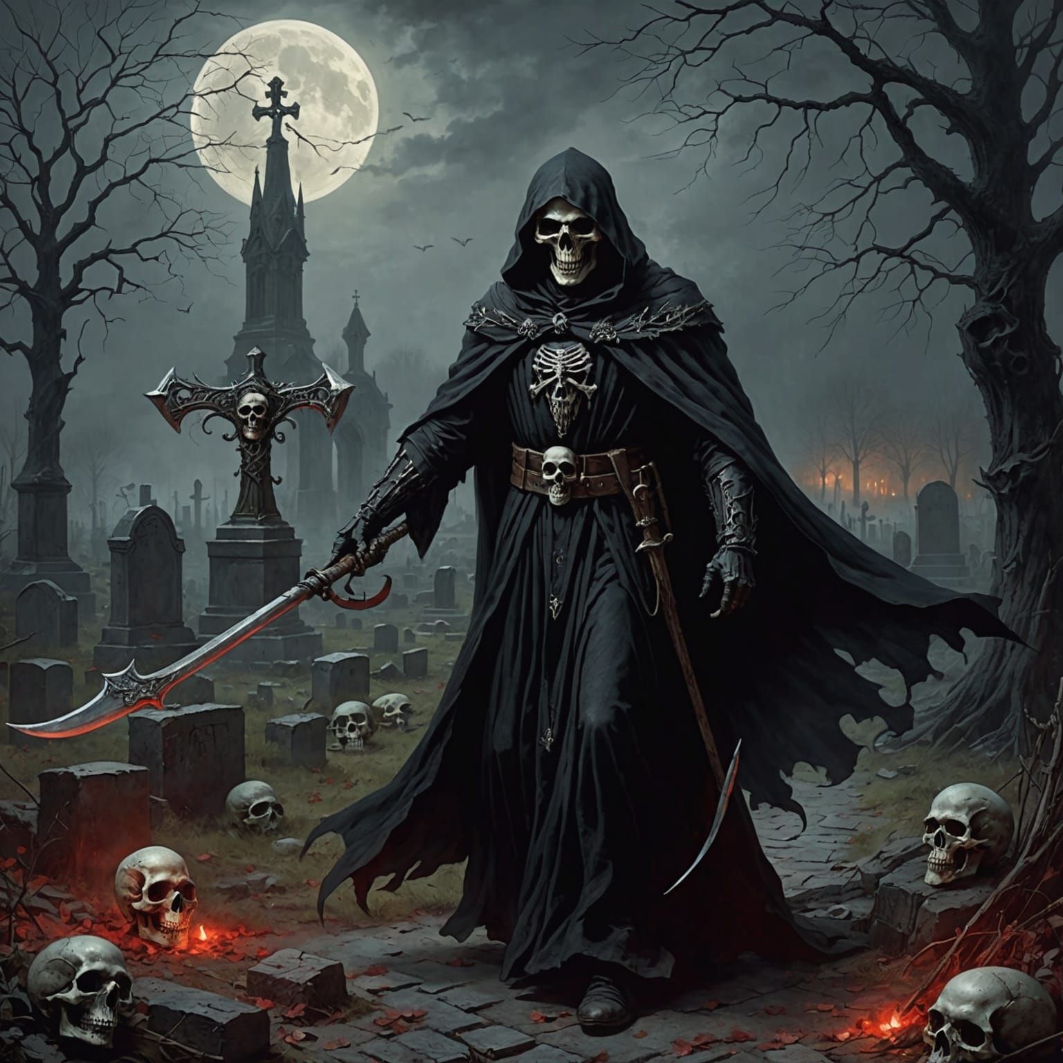 Grim Reaper in Misty Graveyard: Horror Art