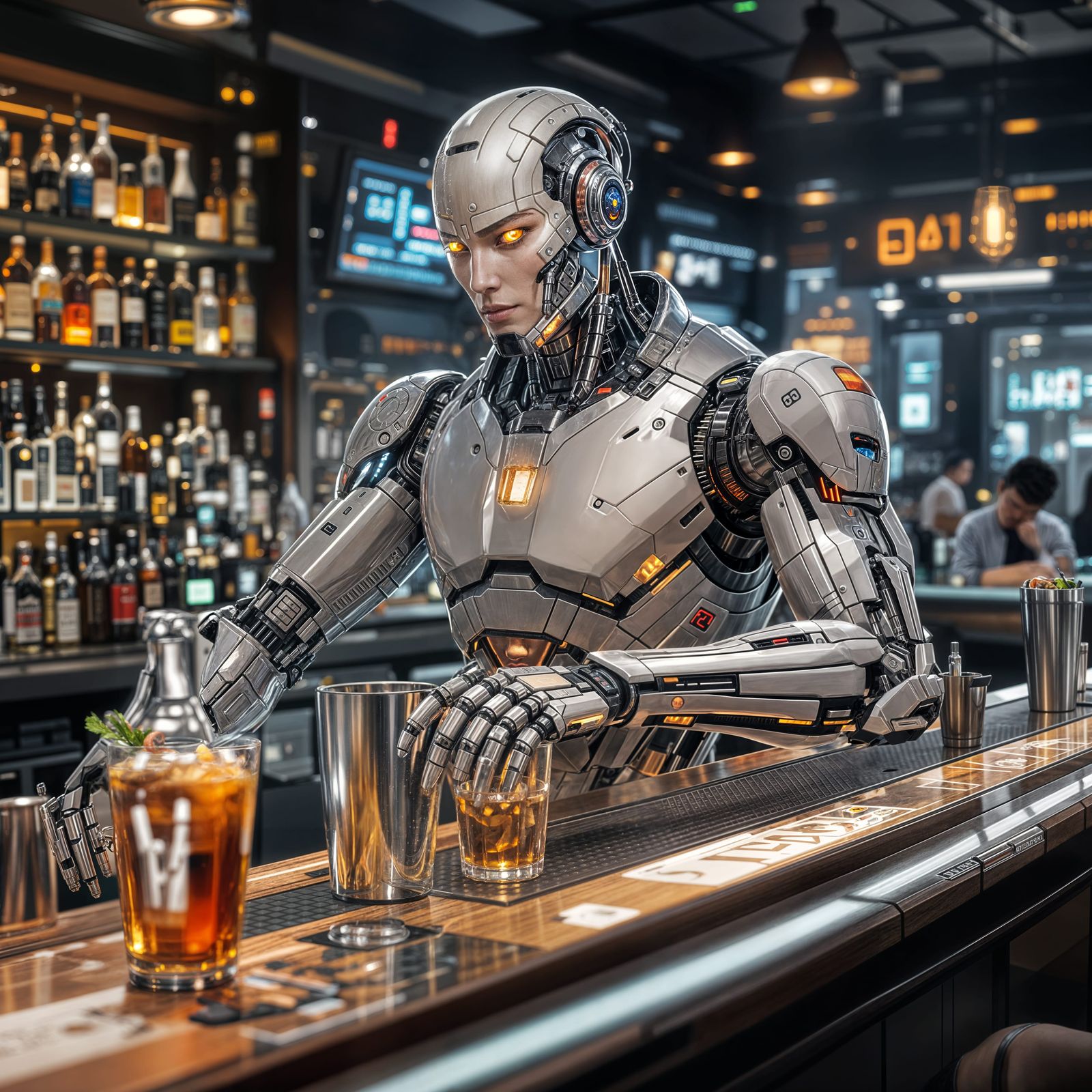 Cyborg Bartender Serving Drinks