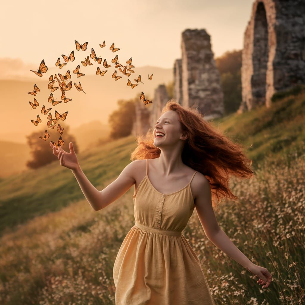 Joyful Woman Releasing Butterflies in Sunlit Meadow