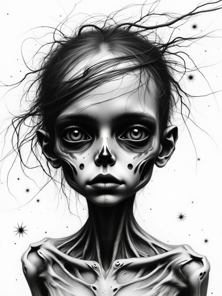 Skeletal Face Evokes Despair in Monochrome Ink Drawing