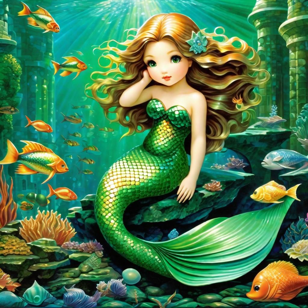Chibi Mermaid in Atlantis: Surreal Mosaic Masterpiece
