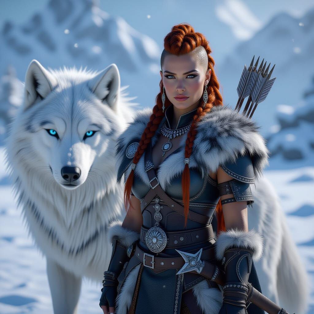 Viking Warrior Woman and White Wolf in Snowy Field