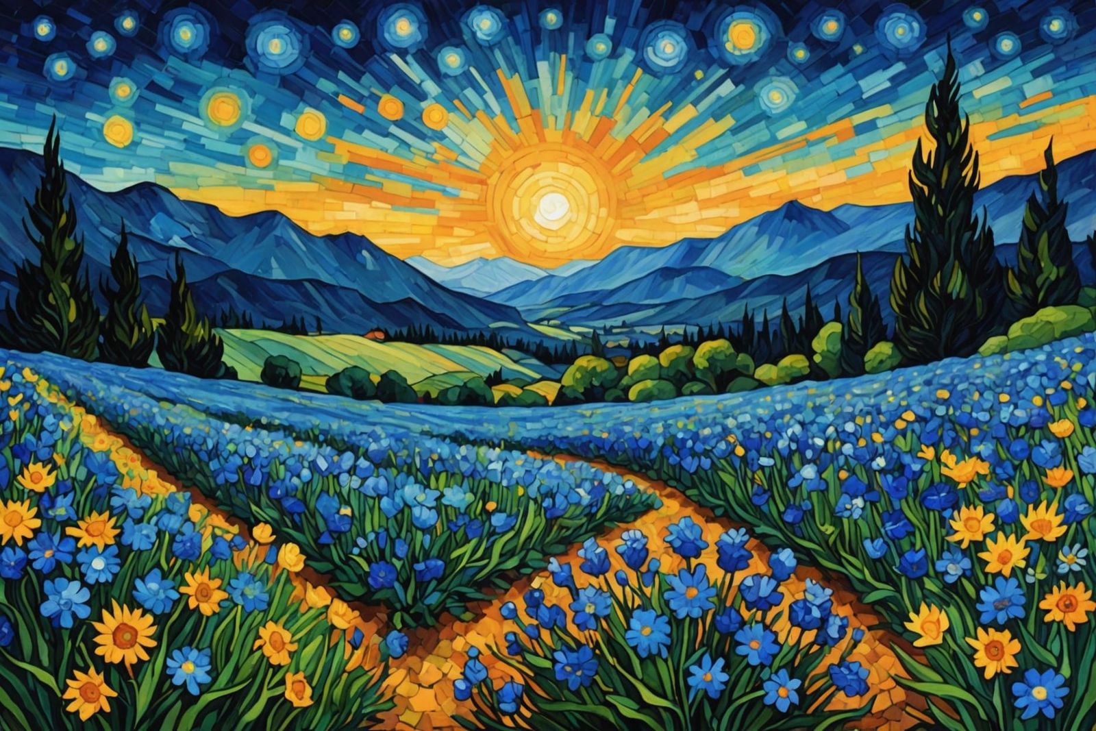 Blue Flower Field with Gothic Watercolor Sky