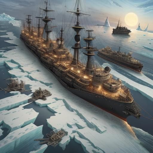 Steampunk Warships Clash in Antarctica Hurricane