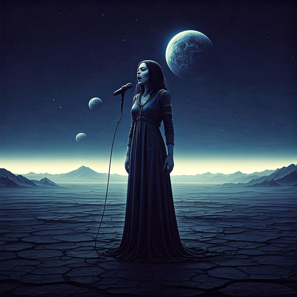 Enigmatic Singer on Alien Planet Under Twin Moons