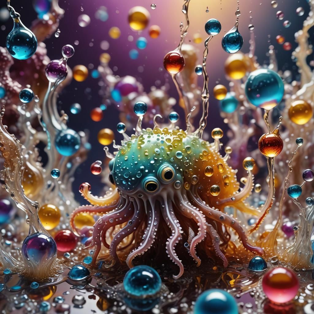 Cuttlefish Monster Figurines in Fractal Dewdrops