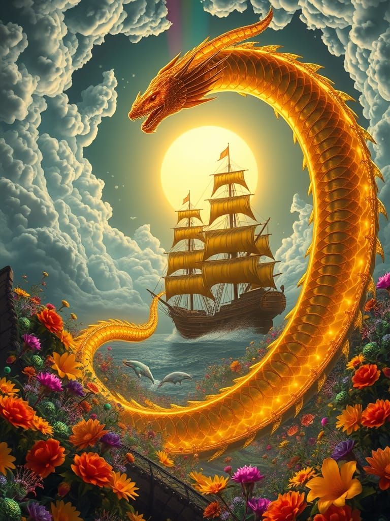 Neon Sea Serpent with Chinese Ships and Spiraling Flowers
