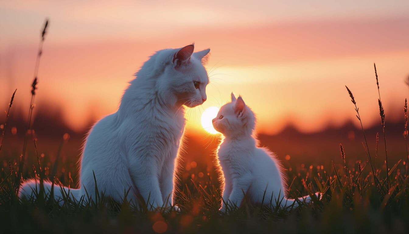 Mother Cat and Kitten at Sunset, Emotional Reunion