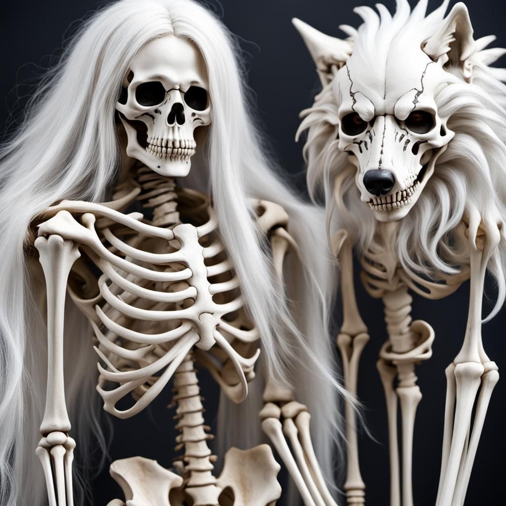 Skeletal Duo: White-Haired Skeleton and Wolf