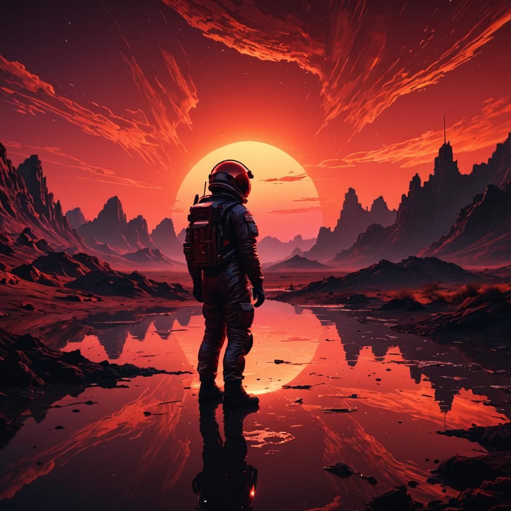 Astronaut Silhouette on Alien World in Synthwave Style