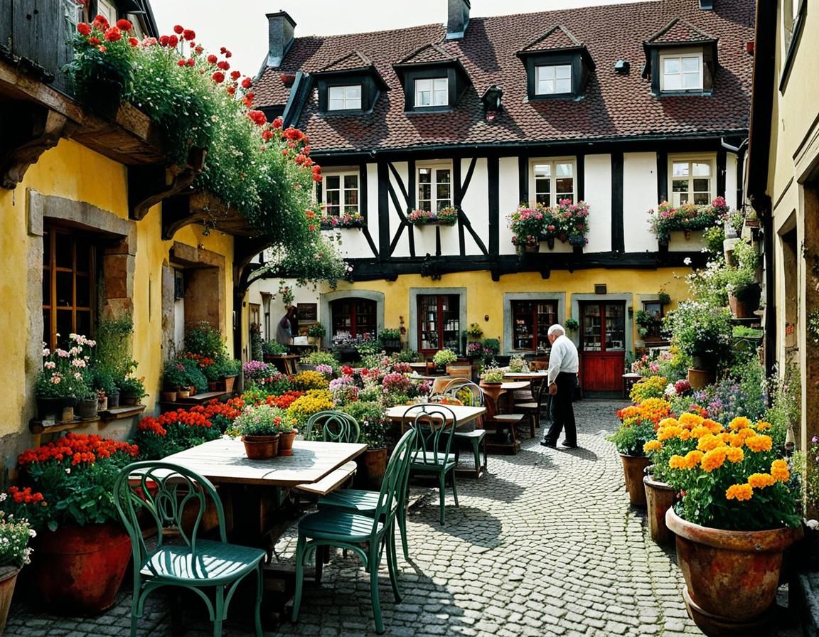 Charming German Courtyard with Flower Pots