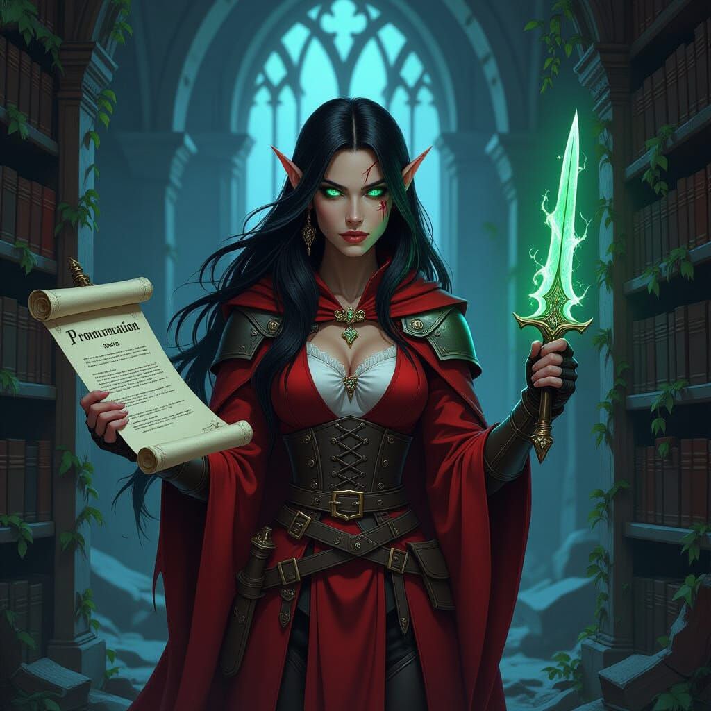 Elven Wizard in Ruined Library with Glowing Knife