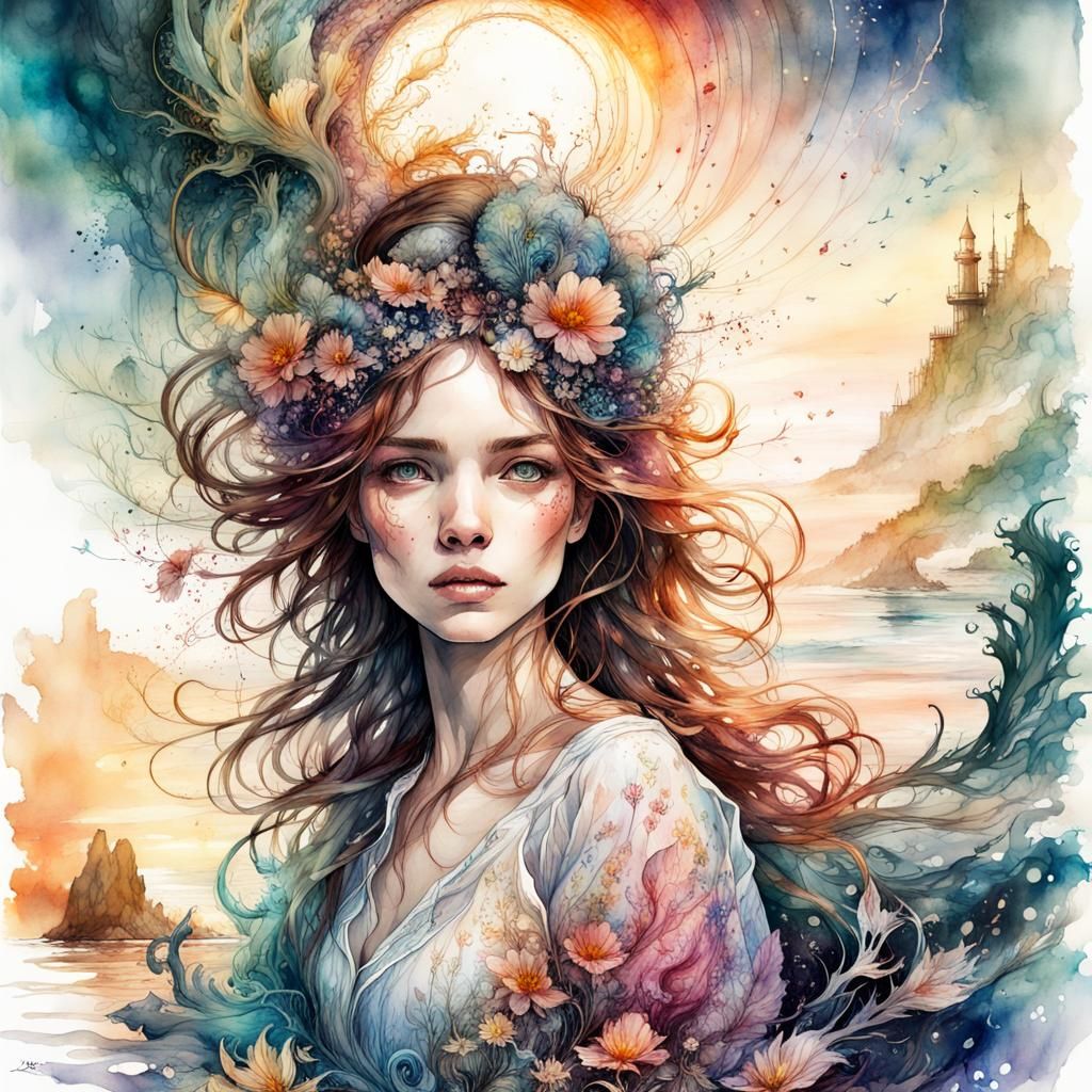 Fantasia Seascape: A Digital Watercolor Fairytale