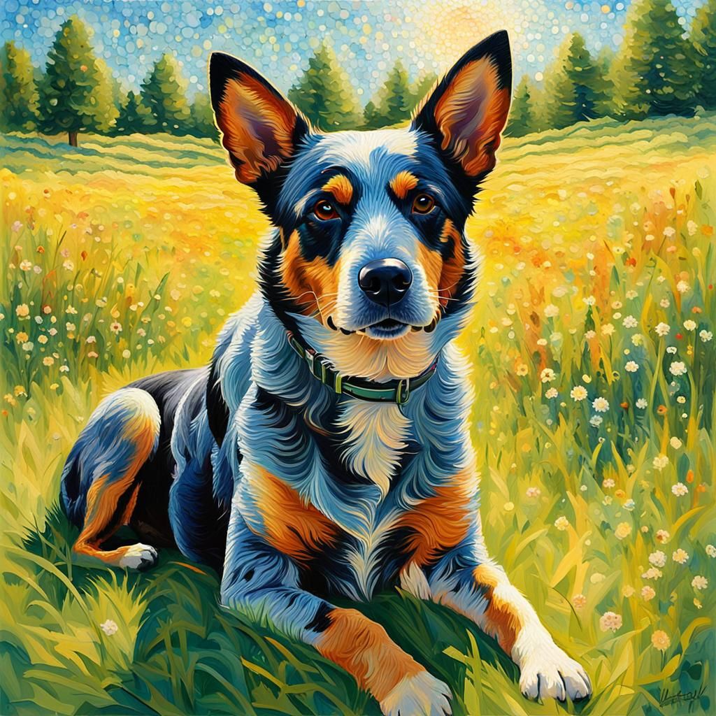 Cattle Dog in Pointillism Meadow