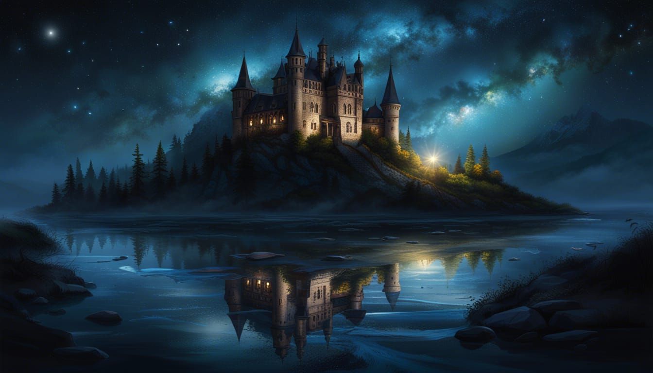 Gothic Lakeside Castle at Sunset: Rococo Oil Painting