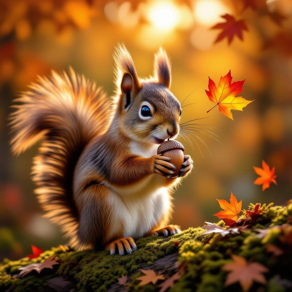 Photorealistic Squirrel With Acorn in Autumn Forest