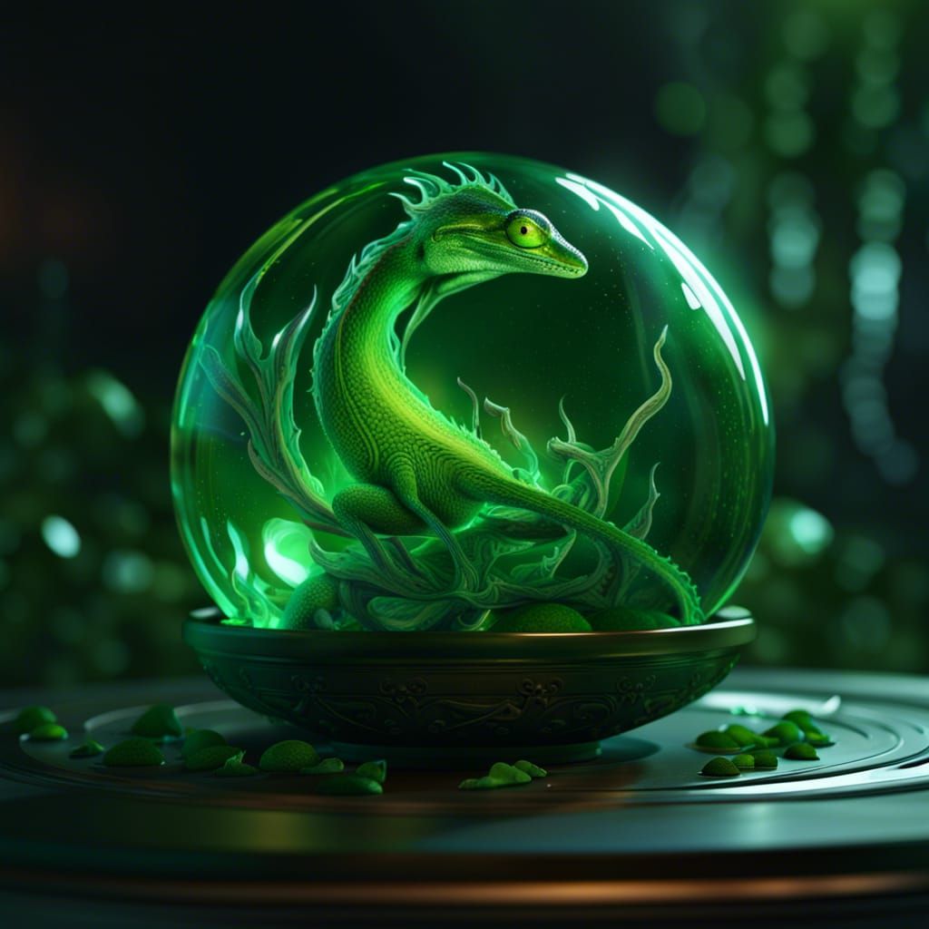 Green Anole in Glass Orb with Flames
