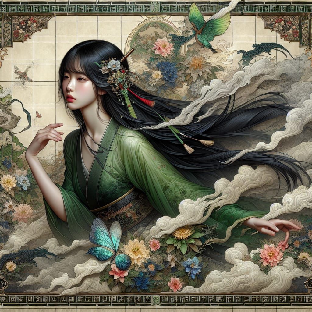 Asiatic Goddess Emerges from Phone Scene in Art Nouveau Styl...