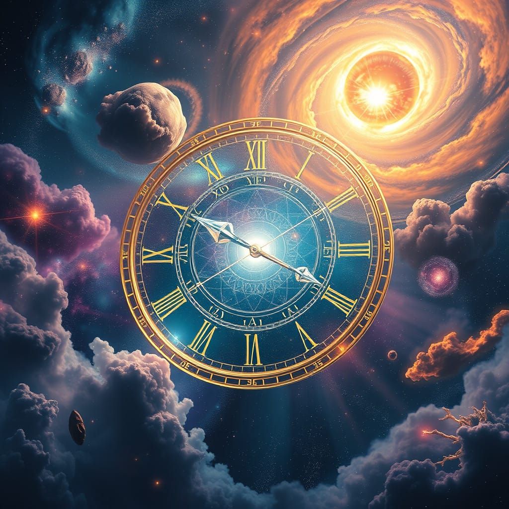 Majestic Cosmic Landscape with Glowing Celestial Clock