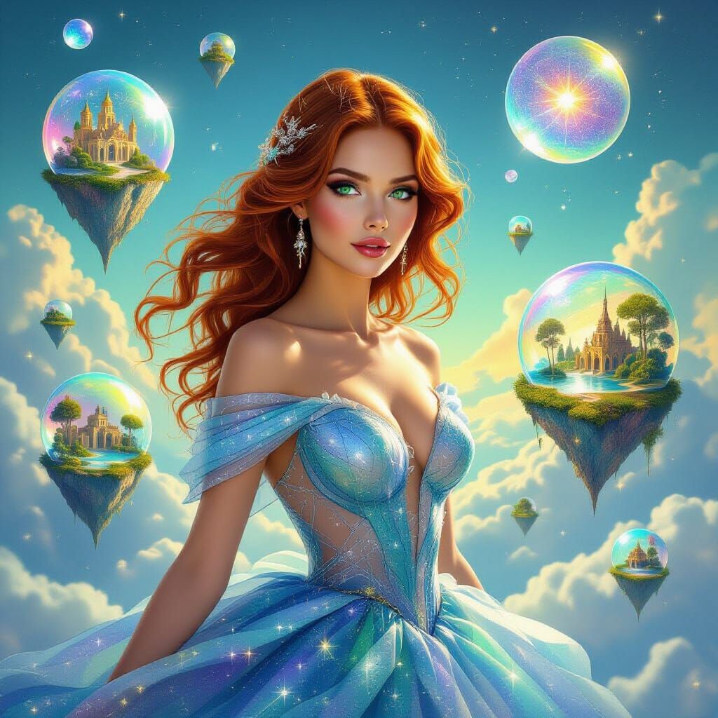 Dreamscape: Woman in Floating Bubble Islands, Surreal Art