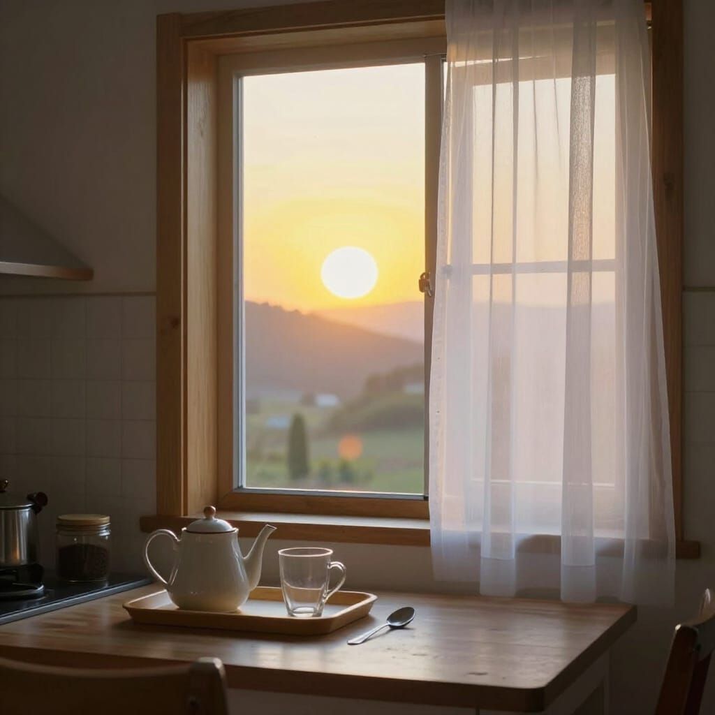 Sunrise Kitchen View Through Tulle Curtains