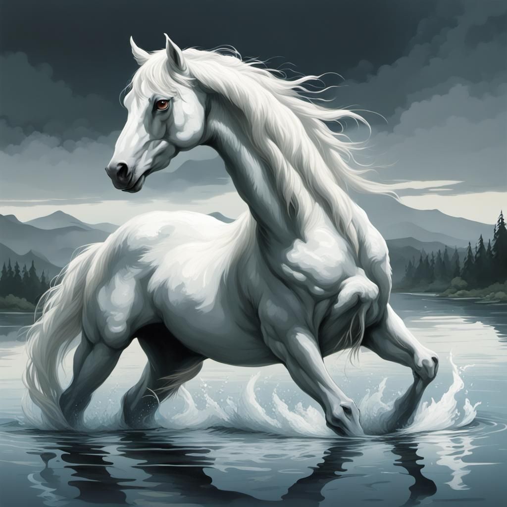 Eerie Kelpie Emerges from Misty Lake