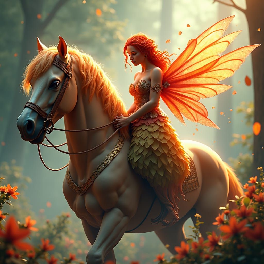 Red-Haired Fairy on Horse in Magical Realism Style