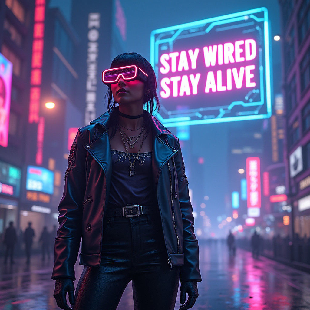 Cyberpunk Figure in Dystopian Neon Cityscape