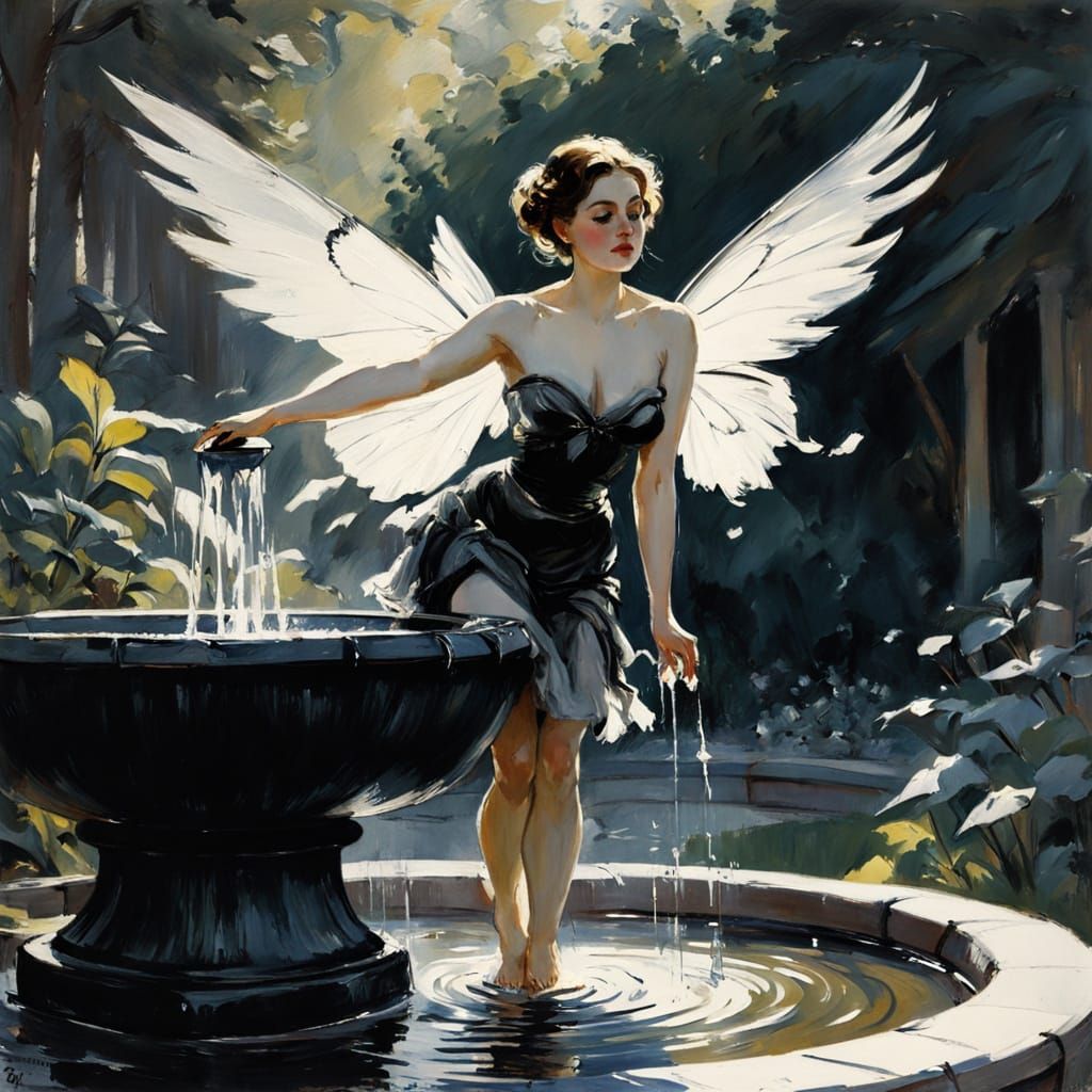 "Tiny Fairy with Finch Wings playing in a bird bath", macro ...