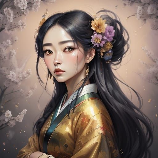 East Asian Woman in Kimono: Vibrant Oil Painting